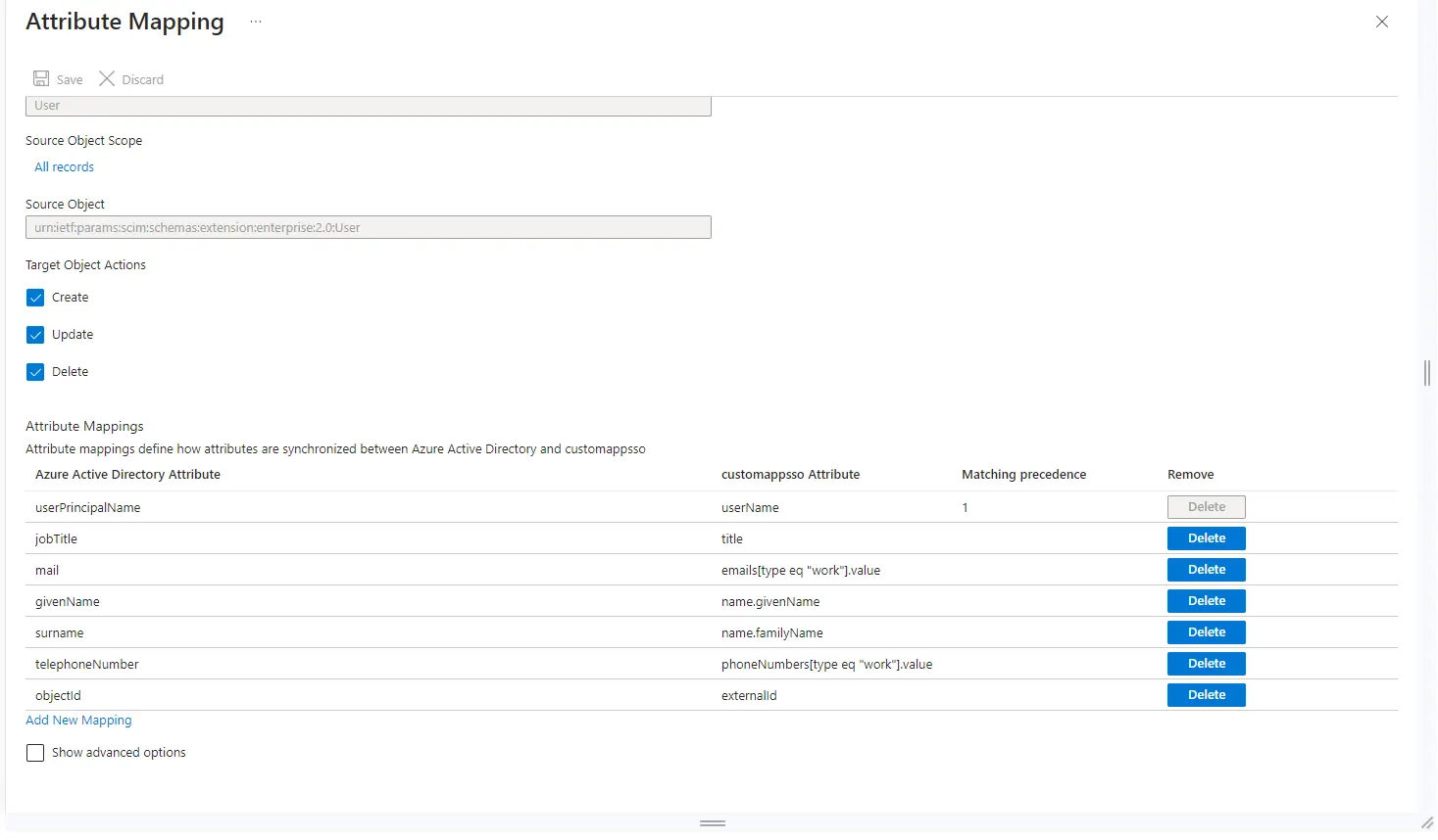Azure application scim mappings